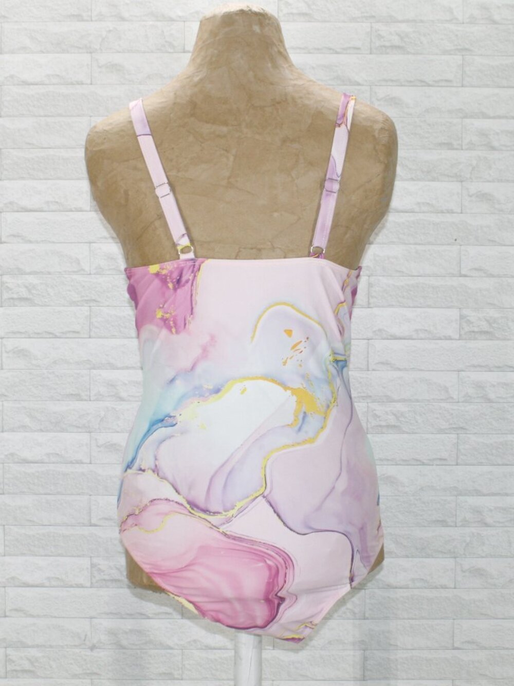 Swimsuit One Piece Bathing Suit Abstract Watercolor Marble Tie Dye Pink Large - Picture 4 of 15
